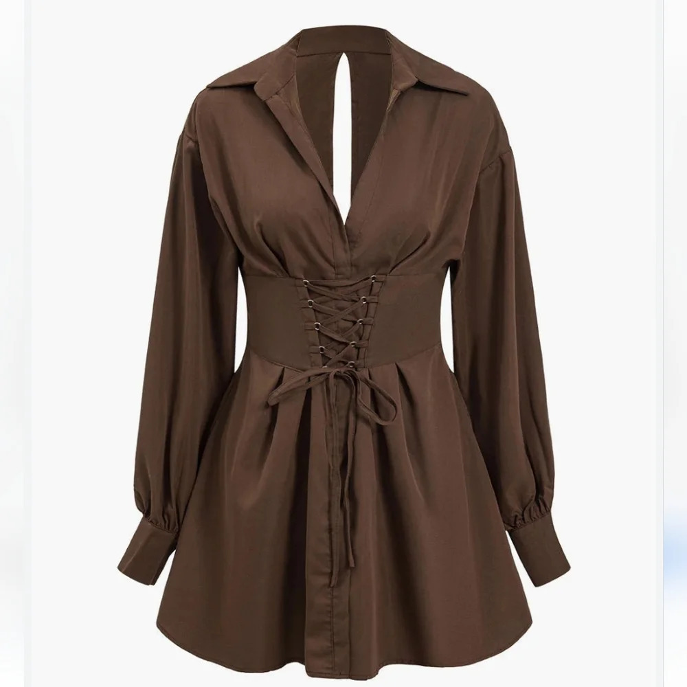 Bershka Corset detail tie up Long Sleeves Women's Dress in chocolate Size XS
